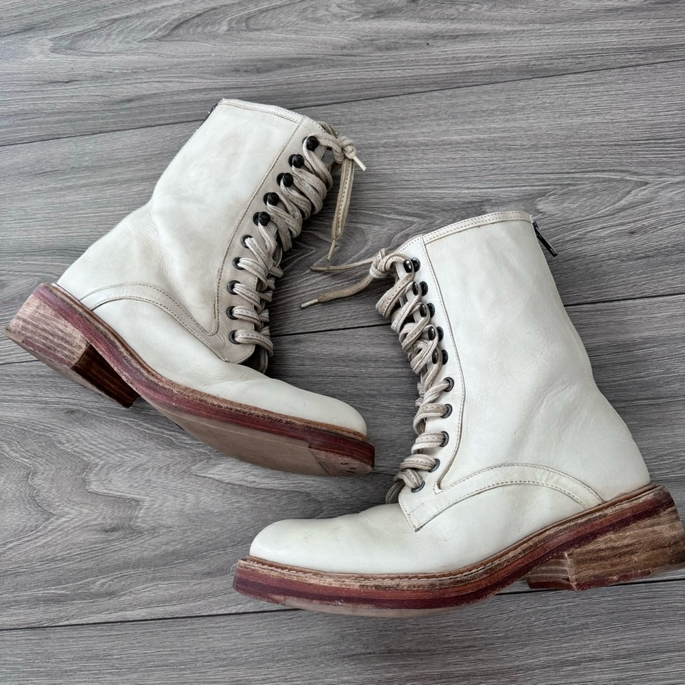 Free People Santa Fe Leather Lace Up Moto Boots Ecru Off-white 38/8